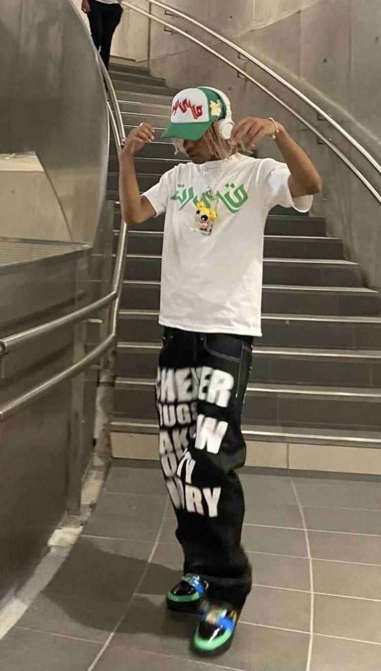 Y2k Jeans Hip Hop Letter Printed Black Pants Men Women 2023 New Trend Fashion Punk Loose Straight Wide Leg Trousers Streetwear