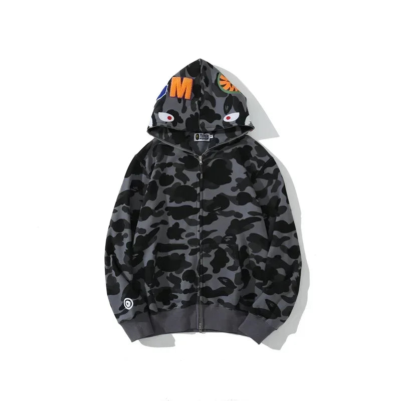 Trendy Shark Camouflage Zippered Hoodie for Men and Women Fine Embroidery Loose Hooded