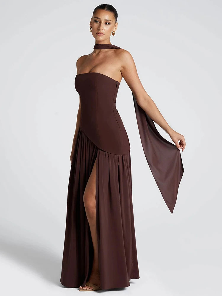 Women Elegant Contrast Slim Ribbon Dress Back Lace Up Female Strapless Dress