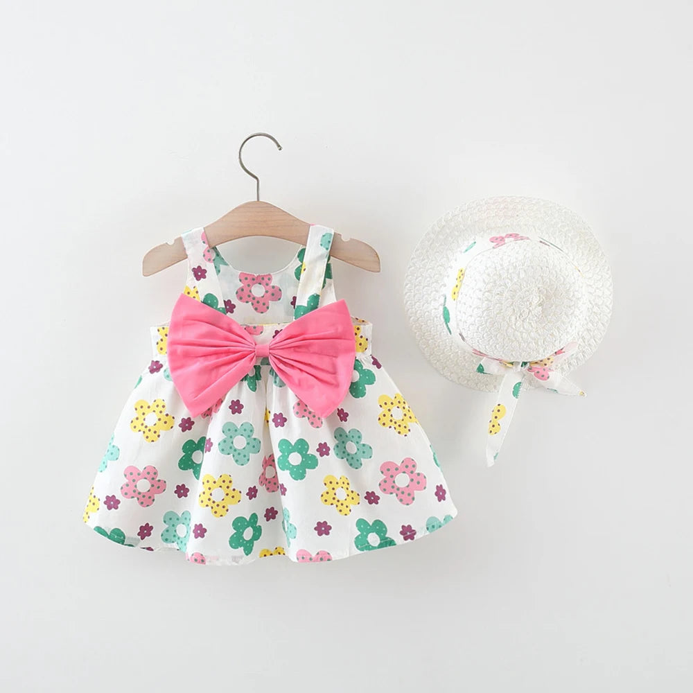 Toddler Girl Clothes Cotton Beach Suspender Dress+Sun Hat Princess Dresses