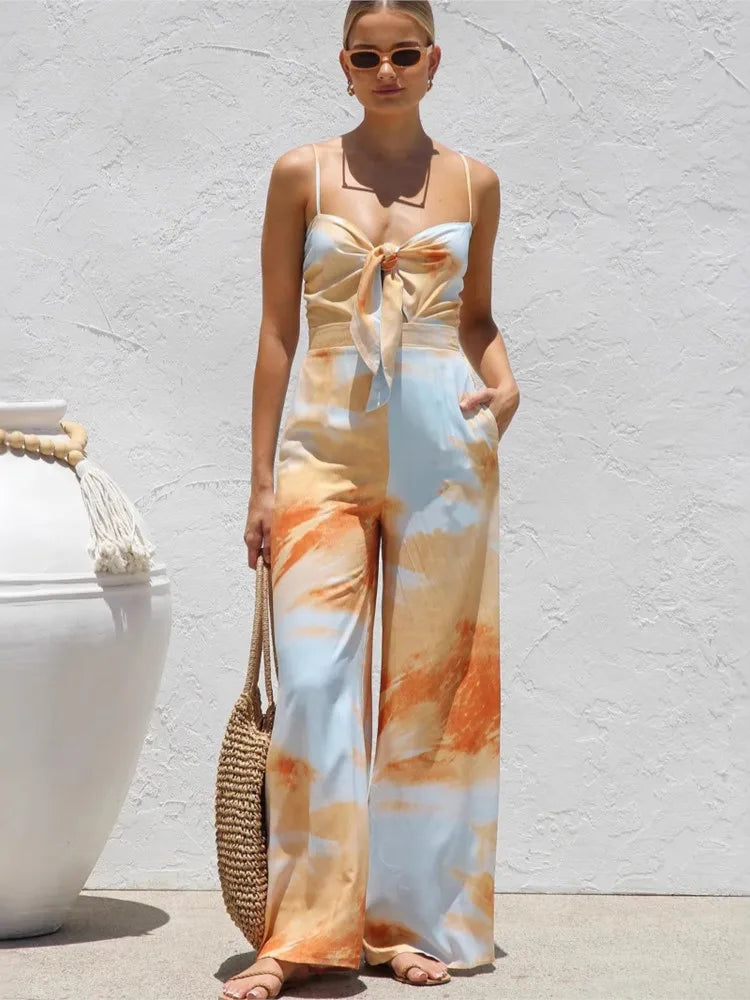 Summer New Print Spaghetti Strap jumpsuits Women Sexy Low Cut Bowknot Bowknot High Waist Wide Leg Jumpsuit Vacation Style Female