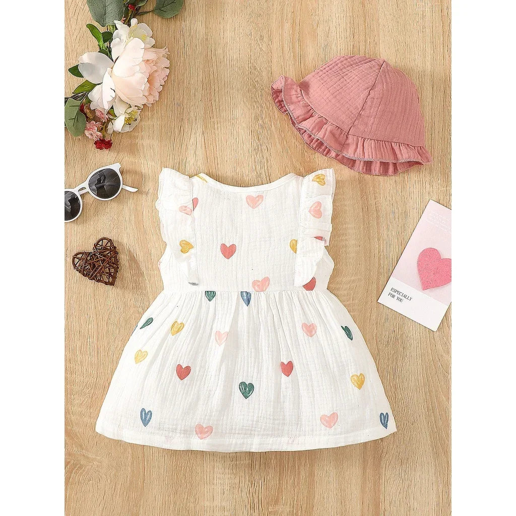 Baby Girl Sweet Cotton Sleeveless Love Pattern Dress+Hat Dress