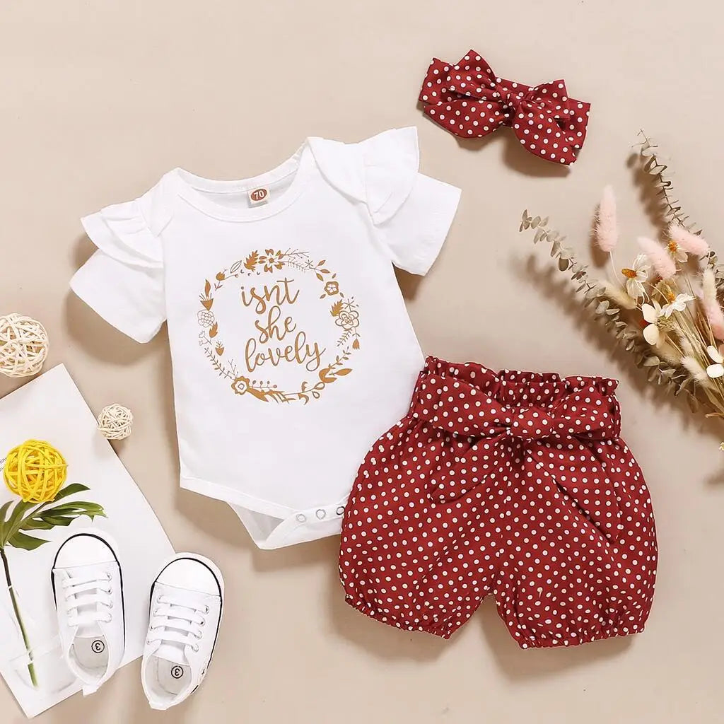 Newborn Baby Girls Clothes Romper Dot Pant with Elastic Waistband Infant Headband with Bow Knot