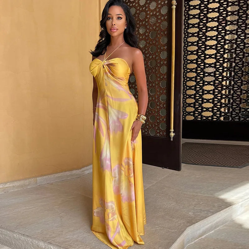 Women's Floral Halter neck Strappy Strapless Backless Long Dress