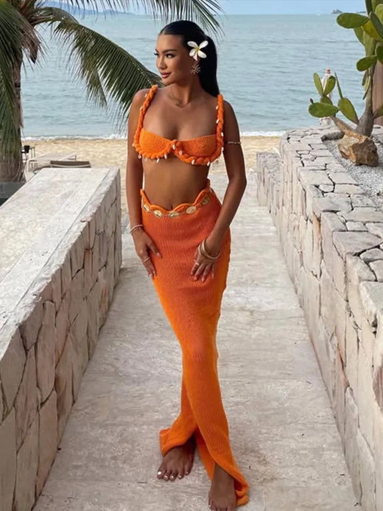Feminine Chic Twisted Elegance Shell Bra Top & Beach Knit Skirt Co-Ord