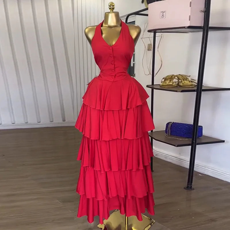 CM.YAYA Women's Dress Set Sleeveless Vest Tops and Pleated Tiered Skirts Suit Elegant Holiday Birthday Two 2 Piece Set Outfits