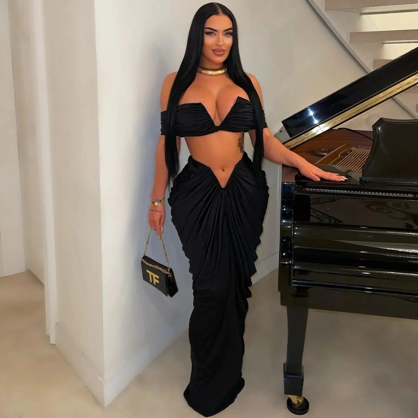 Off Shoulder Crop Top and Low Waist Maxi Long Skirts Two Piece Sets Outfits