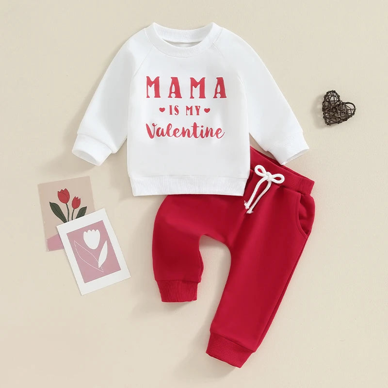 Valentine's Day Infant Baby Boys Pants Set Long Sleeve Letters Print Sweatshirt Elastic Waist Pants Outfit Suit