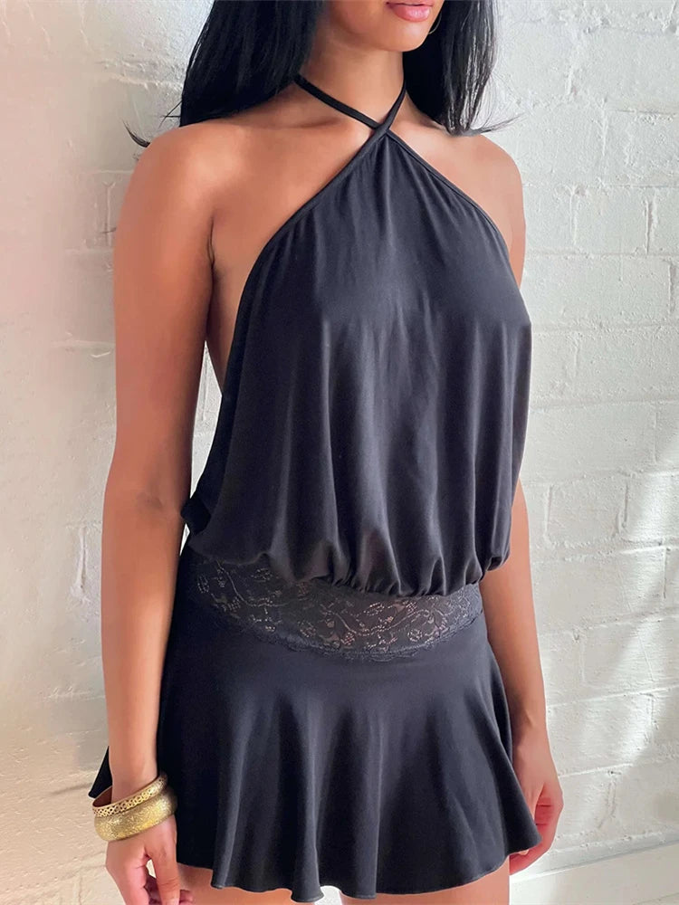 Lace Mirage Halter Sleeveless Mini Dress
