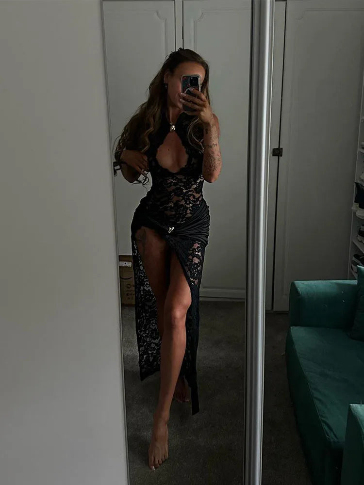 Elegant Solid Sleeveless Tank Hollow Out O-Neck High Side Split Slim Fit Long Dress