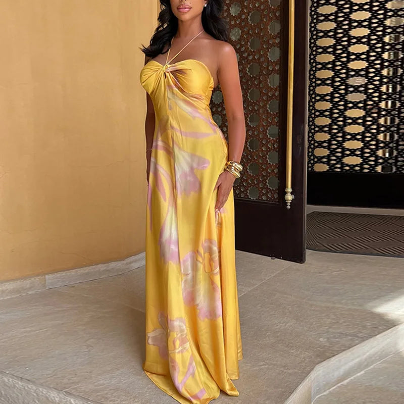 Women's Floral Halter neck Strappy Strapless Backless Long Dress