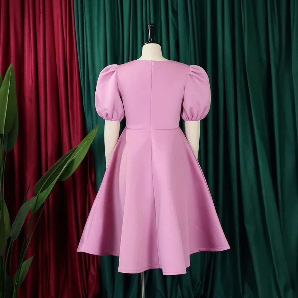 Elegant O Neck Short Sleeve High Waisted Pleated Mid Calf Luxury Dress