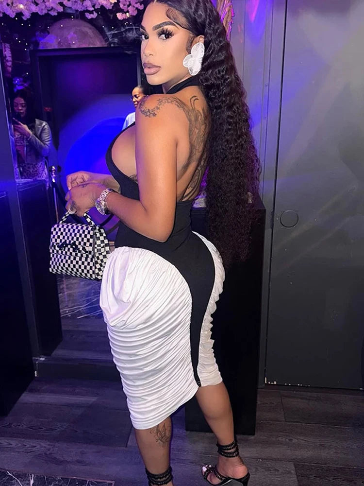 Sculpted Grace Two-Tone Halter Midi Dress