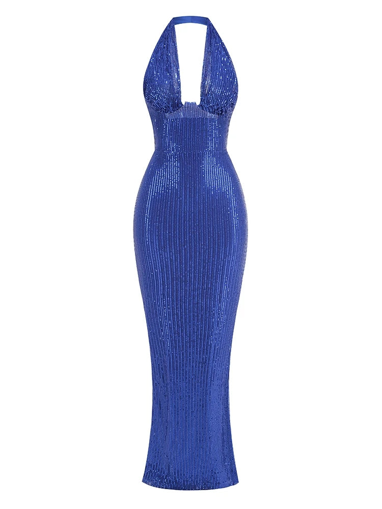 Halter Deep V Neck Sequins Green Sleeveless Backless Sequined Slim Long Maxi Dress