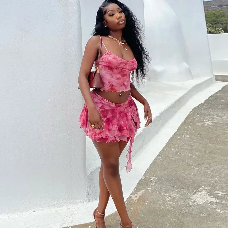 Ueteey Mesh Two Piece Skirt Sets Sexy Outfits Women Printed Camisole Vest + Ruffles Split Mini Skirts Suit Beach Vocation 2024