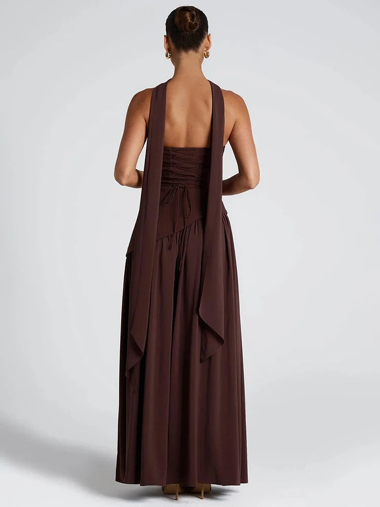 Women Elegant Contrast Slim Ribbon Dress Back Lace Up Female Strapless Dress