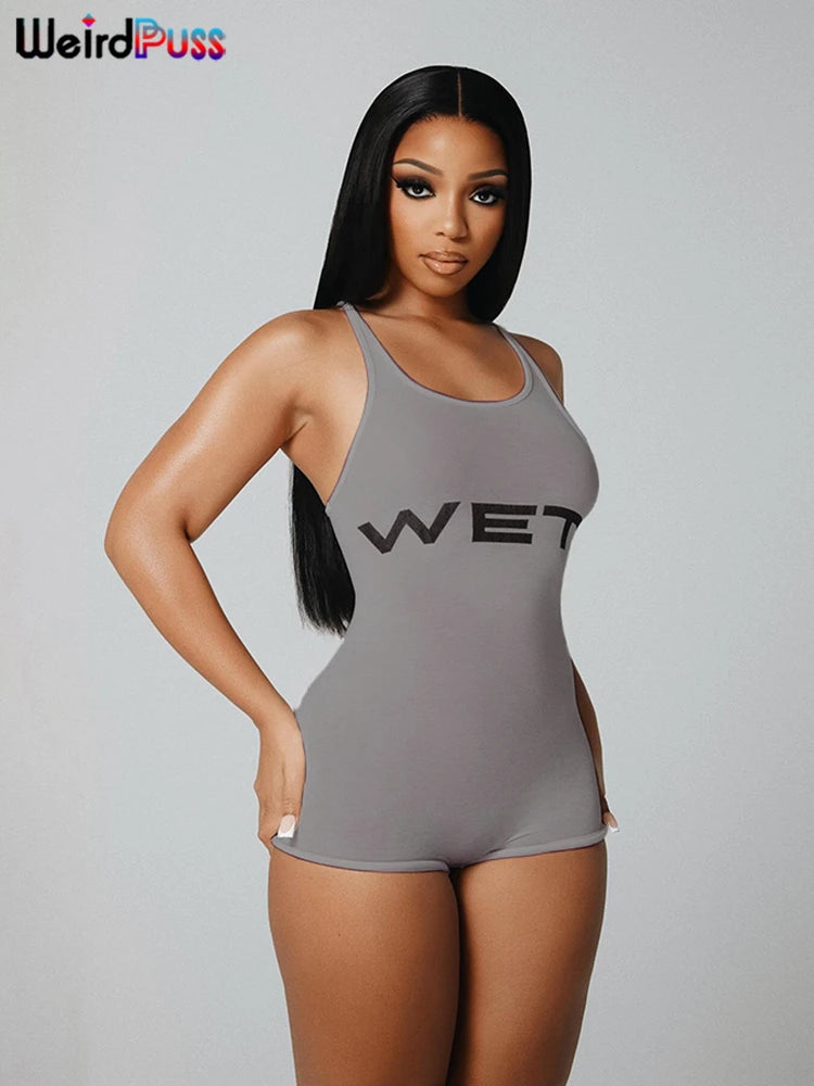 Women Low-Neck Sporty Casual Sleeveless Stretch Activity Skinny Playsuit Tight Short Overalls