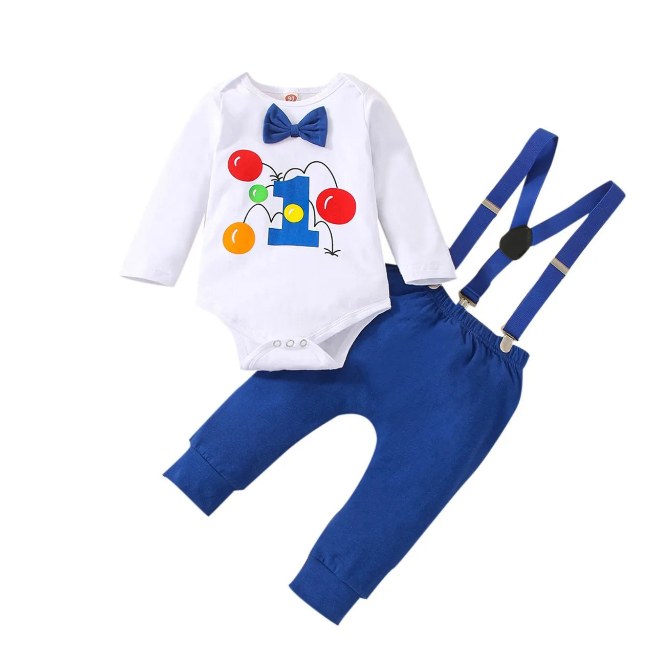 Baby Boys Birthday Outfits Sets Balloon Letter"1" Bodysuit and Y-back Suspender Shorts 1 Year Birthday Baby