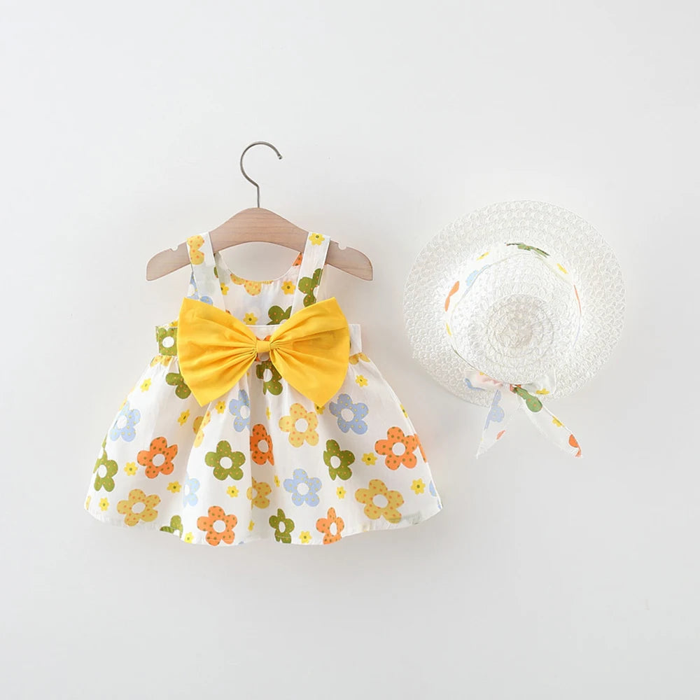 Toddler Girl Clothes Cotton Beach Suspender Dress+Sun Hat Princess Dresses