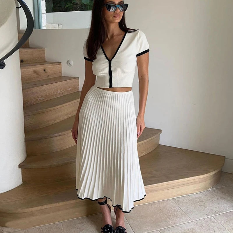 Women White long Skirt Suit Short Sleeve V-neck crop top pleated set