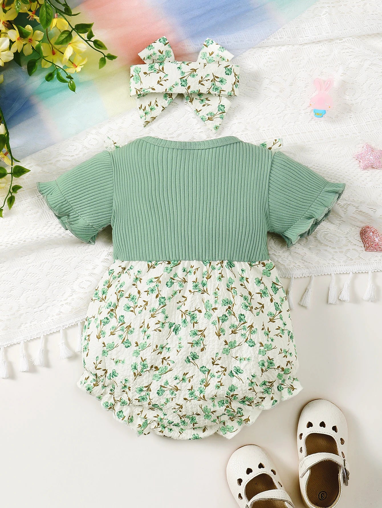 Baby Girl Floral Texture Crepe Fabric Round Neck Fly Sleeve Ruffle Edge Jumpsuit And Headband