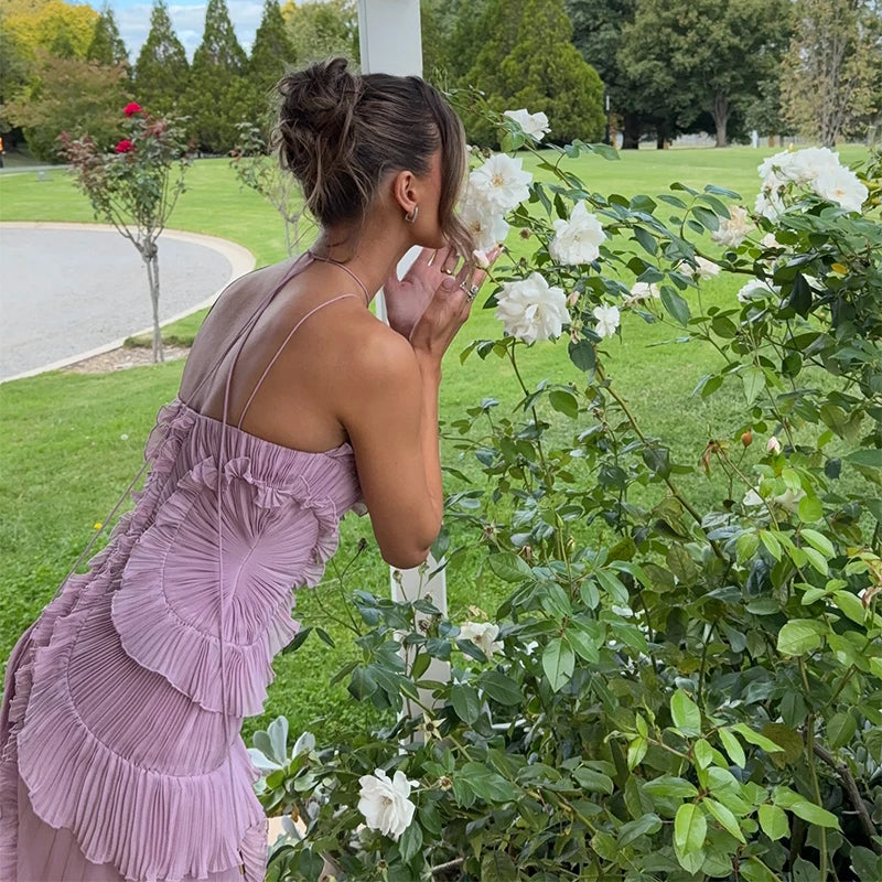 Royal Bloom Halter Tiered Ruffles Backless Party Dress