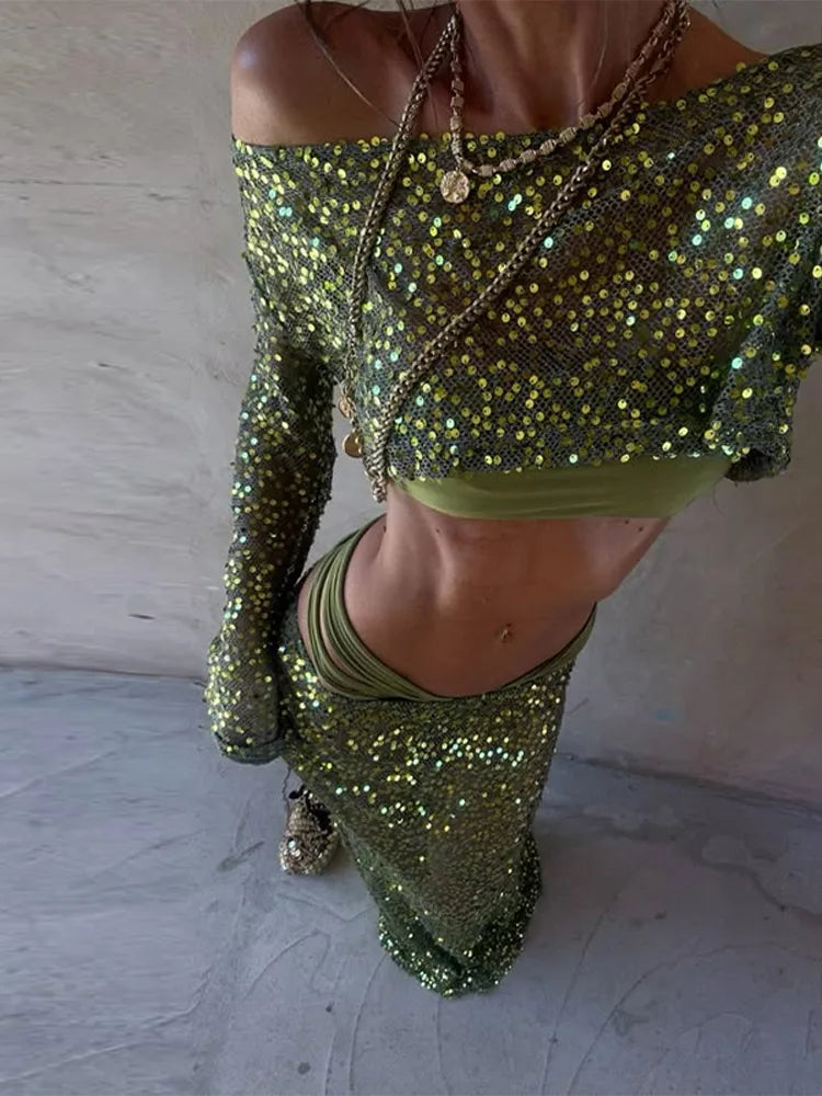 Glimmer Drape in Dazzle Two-Piece Sequin Sparkle Top & Flow Skirt