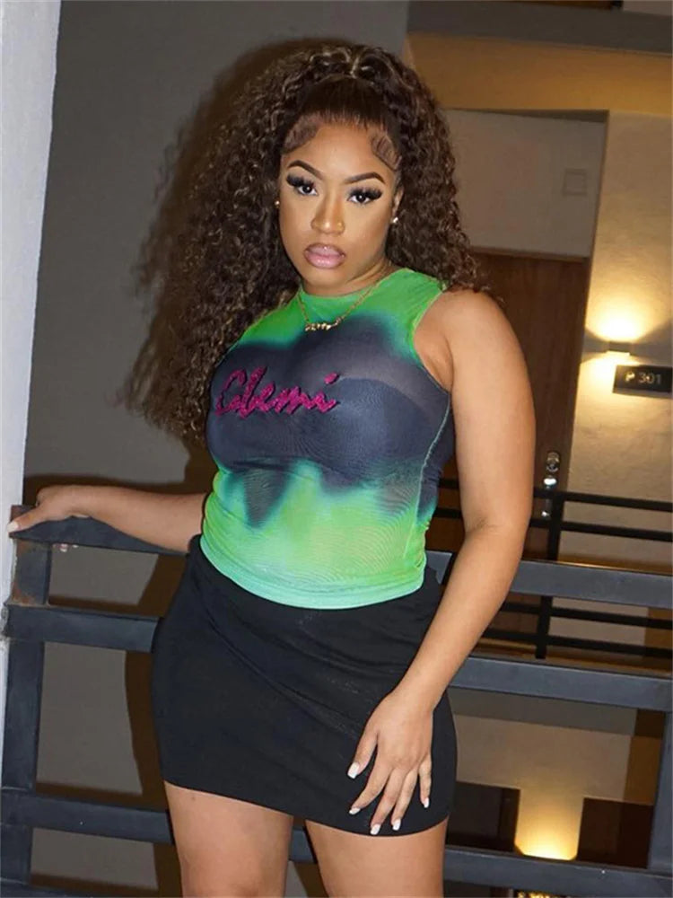 Tie Dye Printed Sleeveless Tank Top Sexy Mesh See Through Crop Tops Women