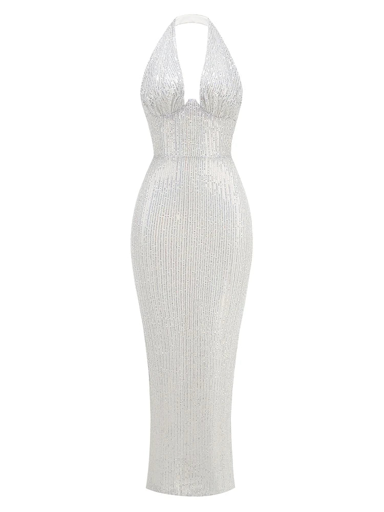 Halter Deep V Neck Sequins Green Sleeveless Backless Sequined Slim Long Maxi Dress