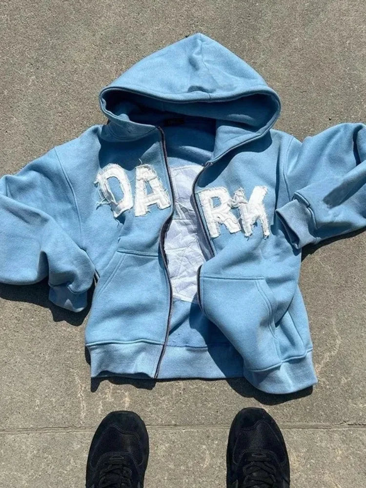 Y2K Hoodie Letter Patch Printed Zippered Hooded Sweatshirt Street Hip-hop Long Sleeved Cardigan Jacket Top Men Women's Clothing