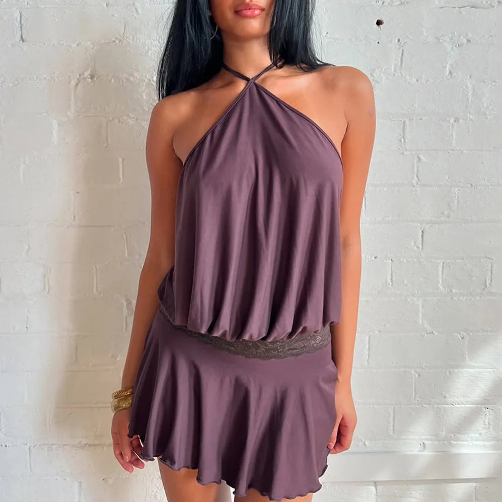 Lace Mirage Halter Sleeveless Mini Dress