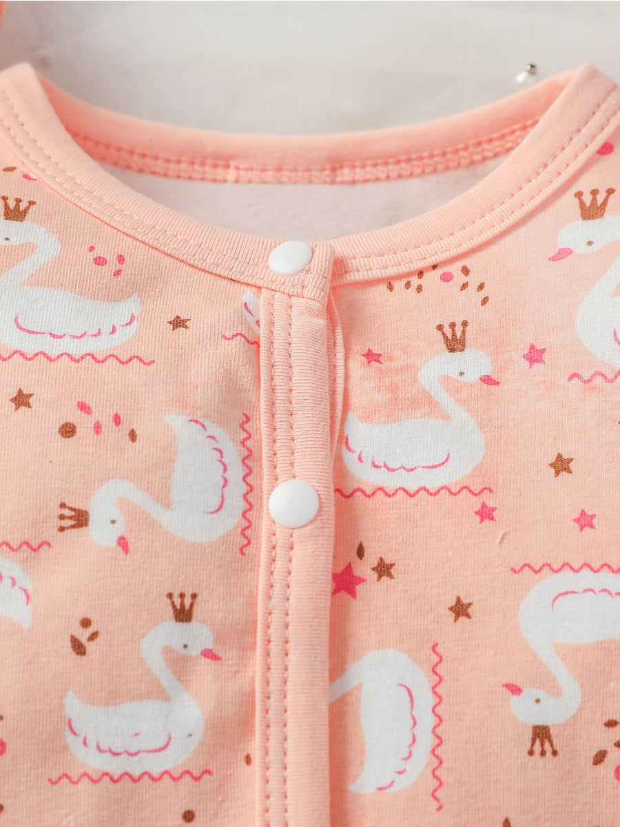 Baby Jumpsuit Cartoon Swan Print Girls Outfit Rompers Clothing+Hat+Bib+Gloves