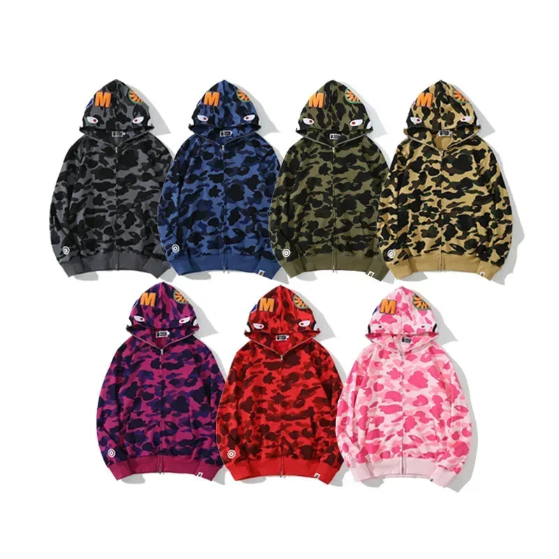 Trendy Shark Camouflage Zippered Hoodie for Men and Women Fine Embroidery Loose Hooded
