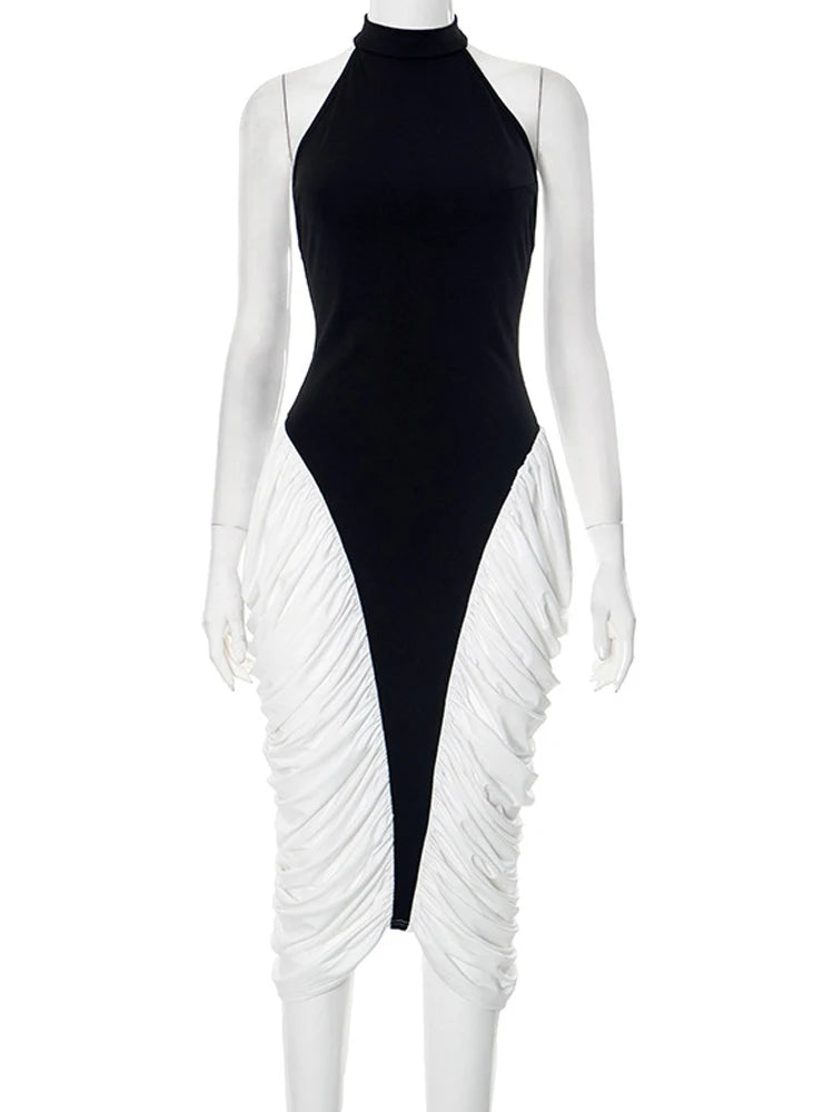 Sculpted Grace Two-Tone Halter Midi Dress