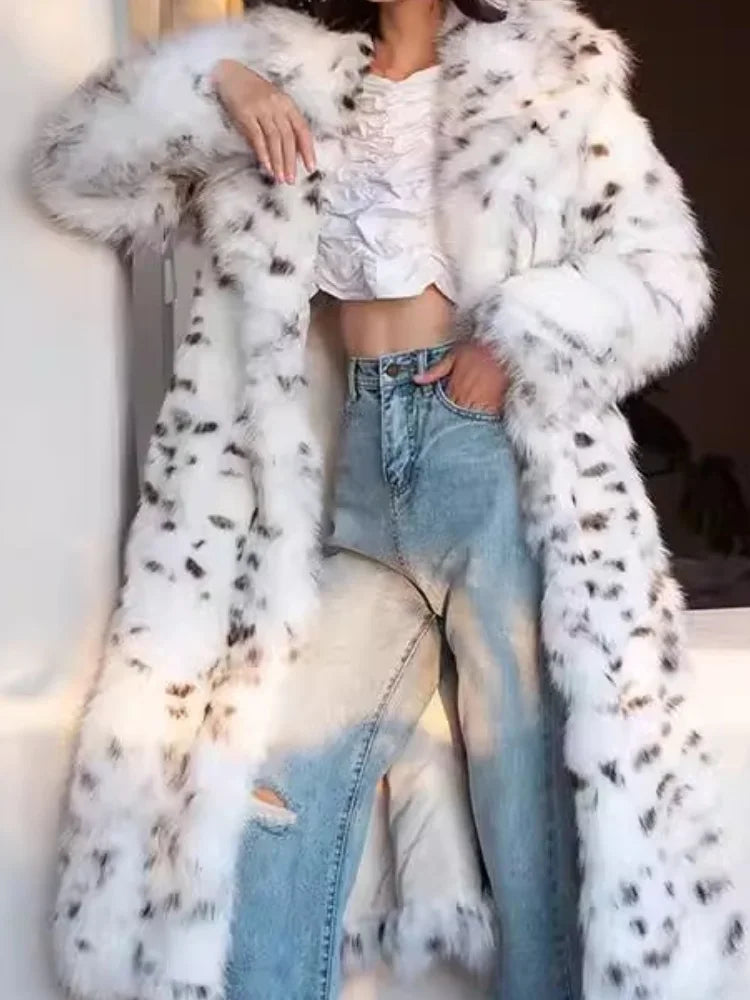 Retro Leopard Faux Fur Long Coats Women Winter Warm Thicken Open Coat Female Casual Loose Elegant Chic Street Outwear