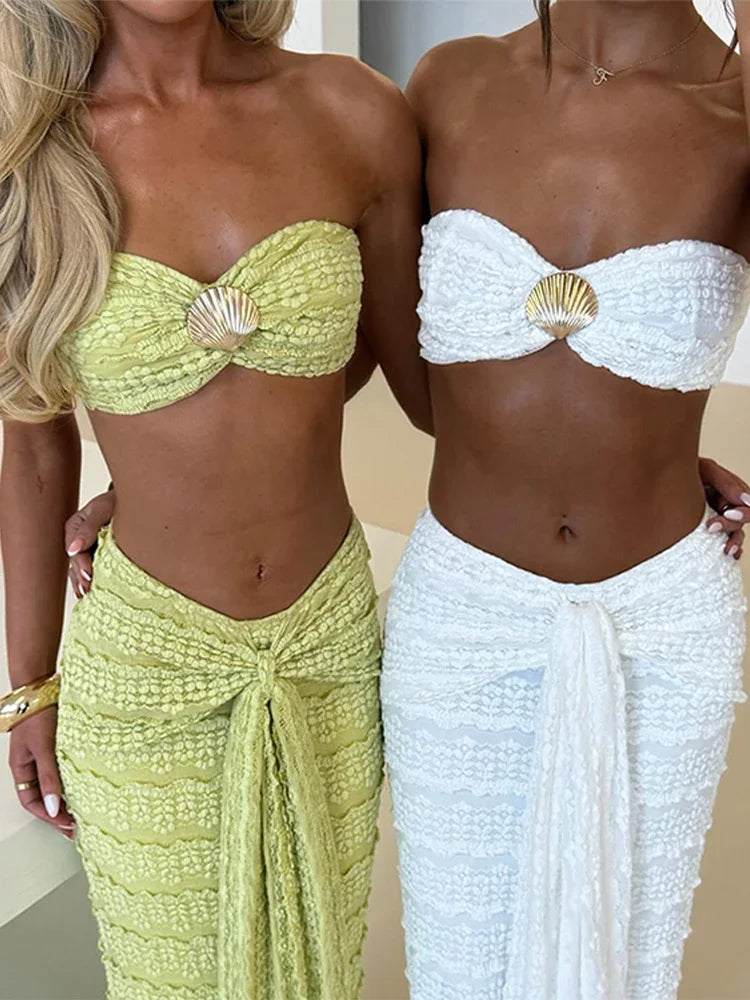 Pearl Mirage Beach Goddess Tube Crop & High Slit Ribbon Skirt Two-Piece Co-Ord