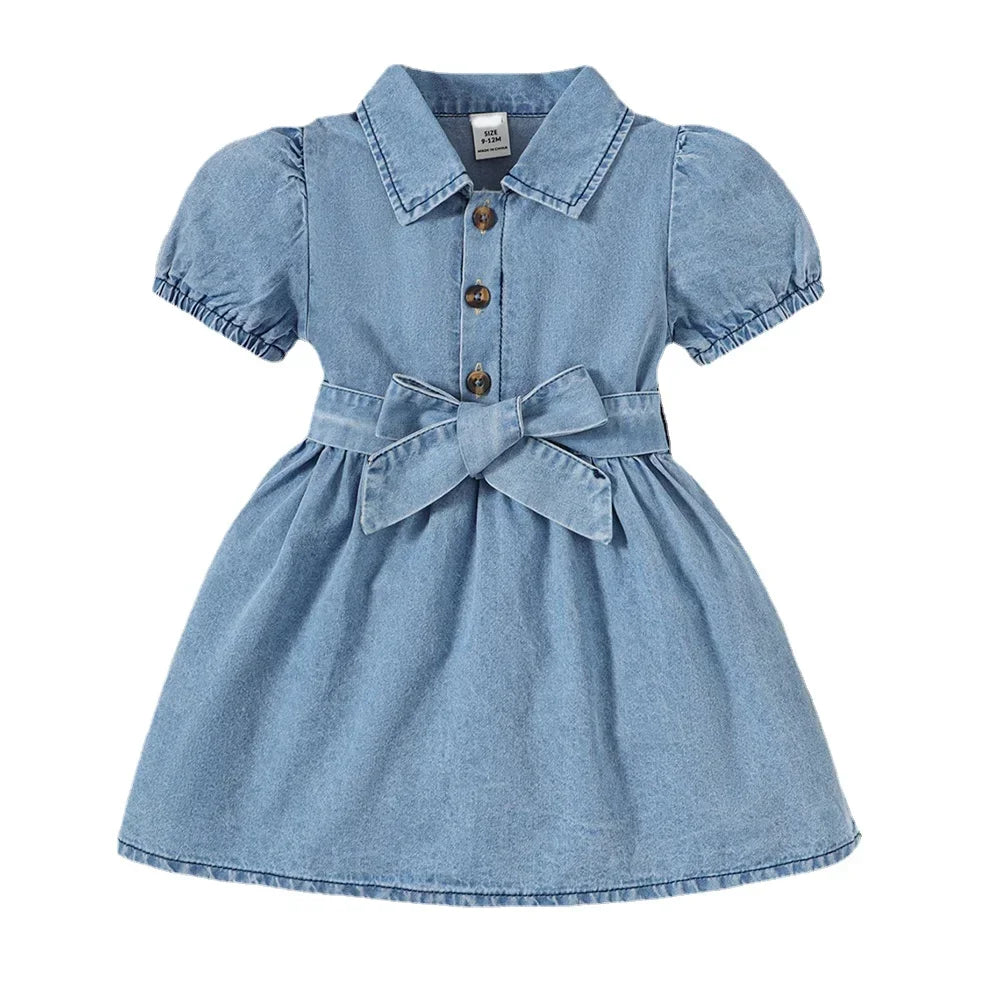 Baby Girl Bubble Sleeve Lapel Jeans Casual Dress