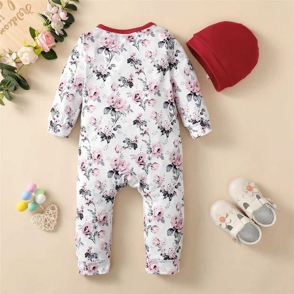 Long Sleeve Flower Bodysuit Costume Lovely Baby Spring Jumpsuit Outfit with Hat