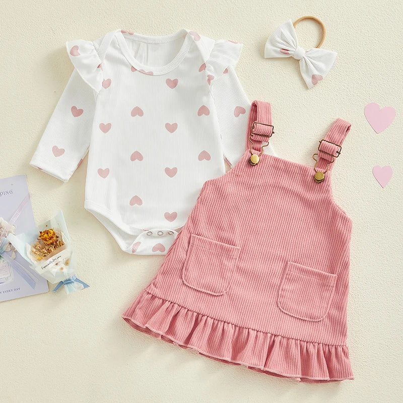 Valentine's Day Infant Baby Girls Outfits Heart Print Romper + Suspender Skirt + Headband Set Clothes