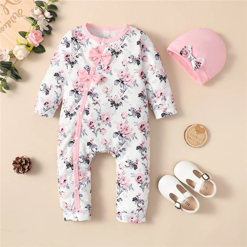 Long Sleeve Flower Bodysuit Costume Lovely Baby Spring Jumpsuit Outfit with Hat