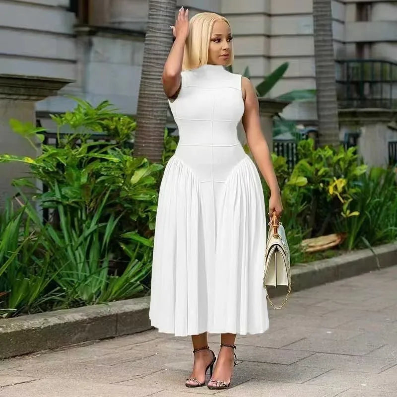 Women Ruched Side Sleeveless Pleated Maxi Dress