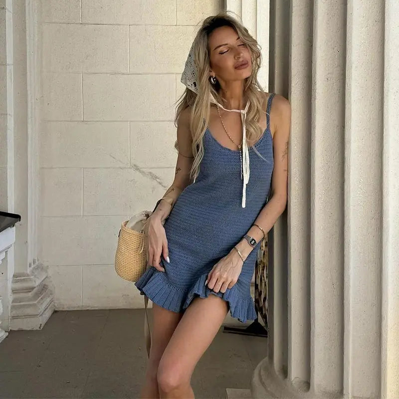 Knit 3d Flower Sleeveless Halter Sexy Dress