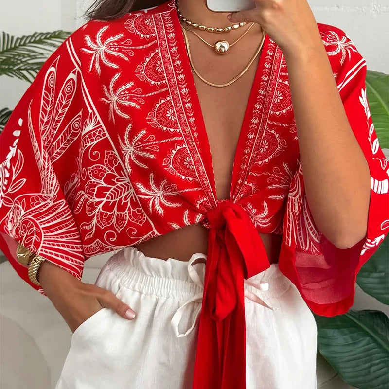 Chic Muse Tie-Up V-Neck Blouse