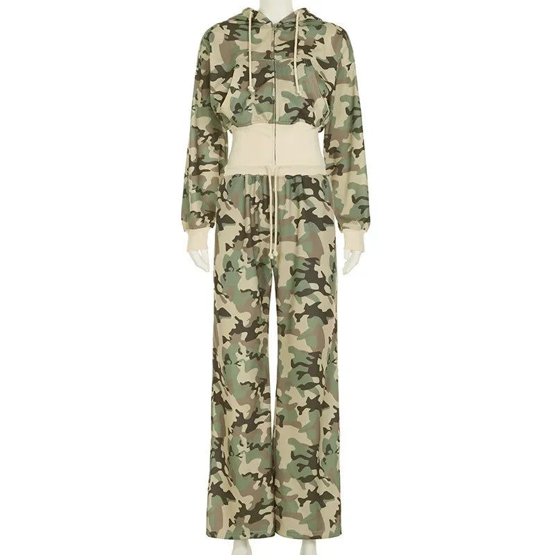 Women Camouflage Hooded Hoodie Sweatpants Casual Long Sleeve Zipper Jacket Hip Hop Sweatshirt Autumn Winter Y2K Streetwear Pants
