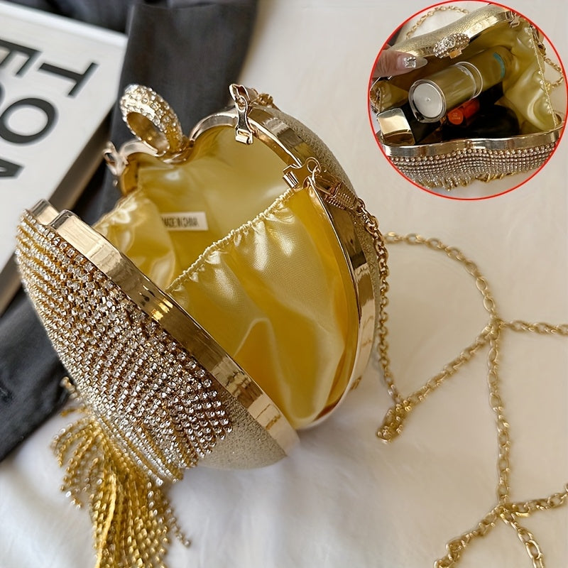 Elegant Heart-Shaped Rhinestone Clutch with Tassel, Lightweight Handbag