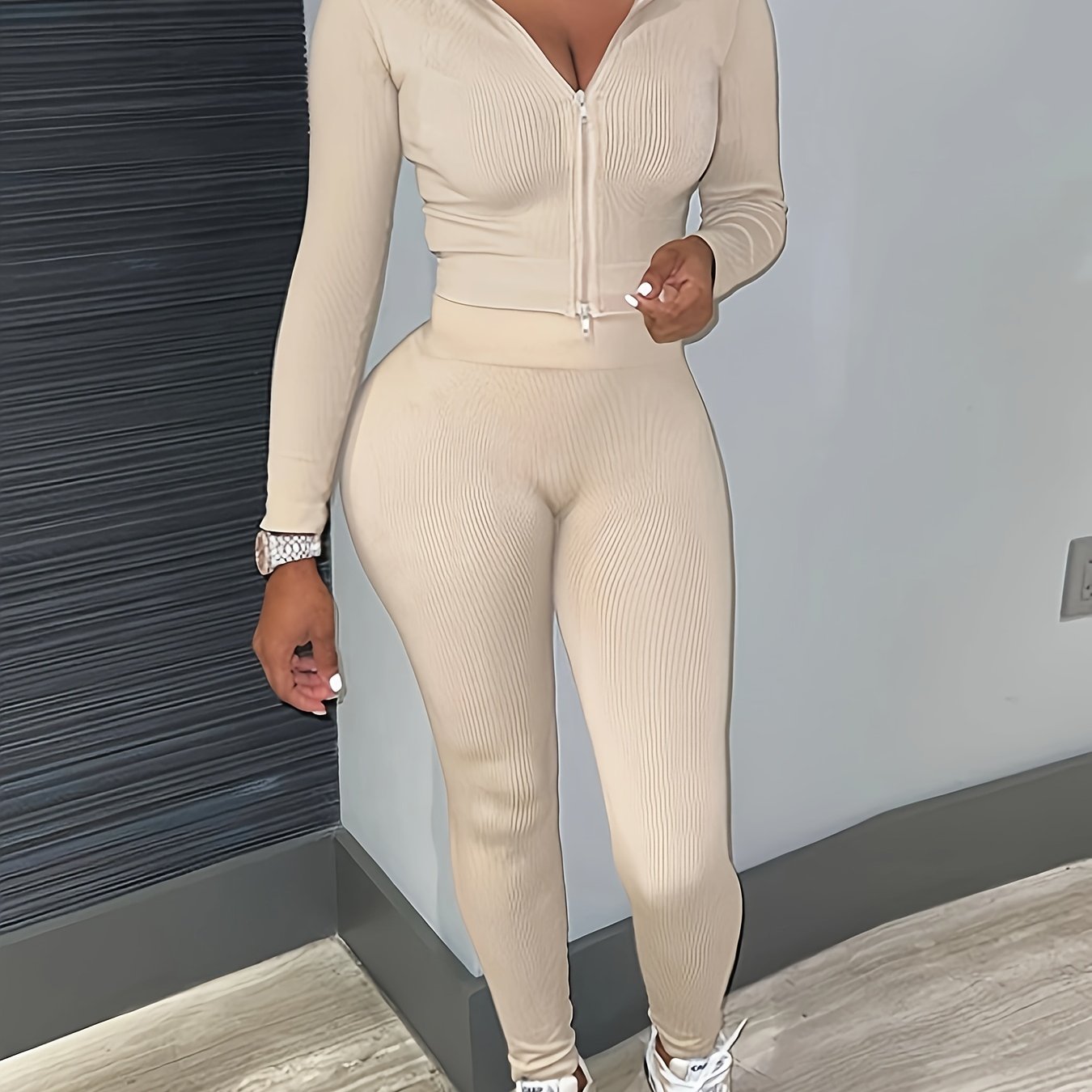 Women's Casual Hoodie & Jogger Set - Solid Color, Zip-Up, Stretchy Polyester Blend, Machine Washable