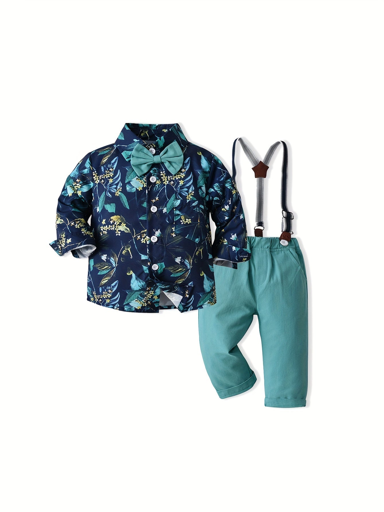 Casual Cotton Blend Floral Print Suit with Long Sleeve Shirt and Elastic Waist Suspenders Pants