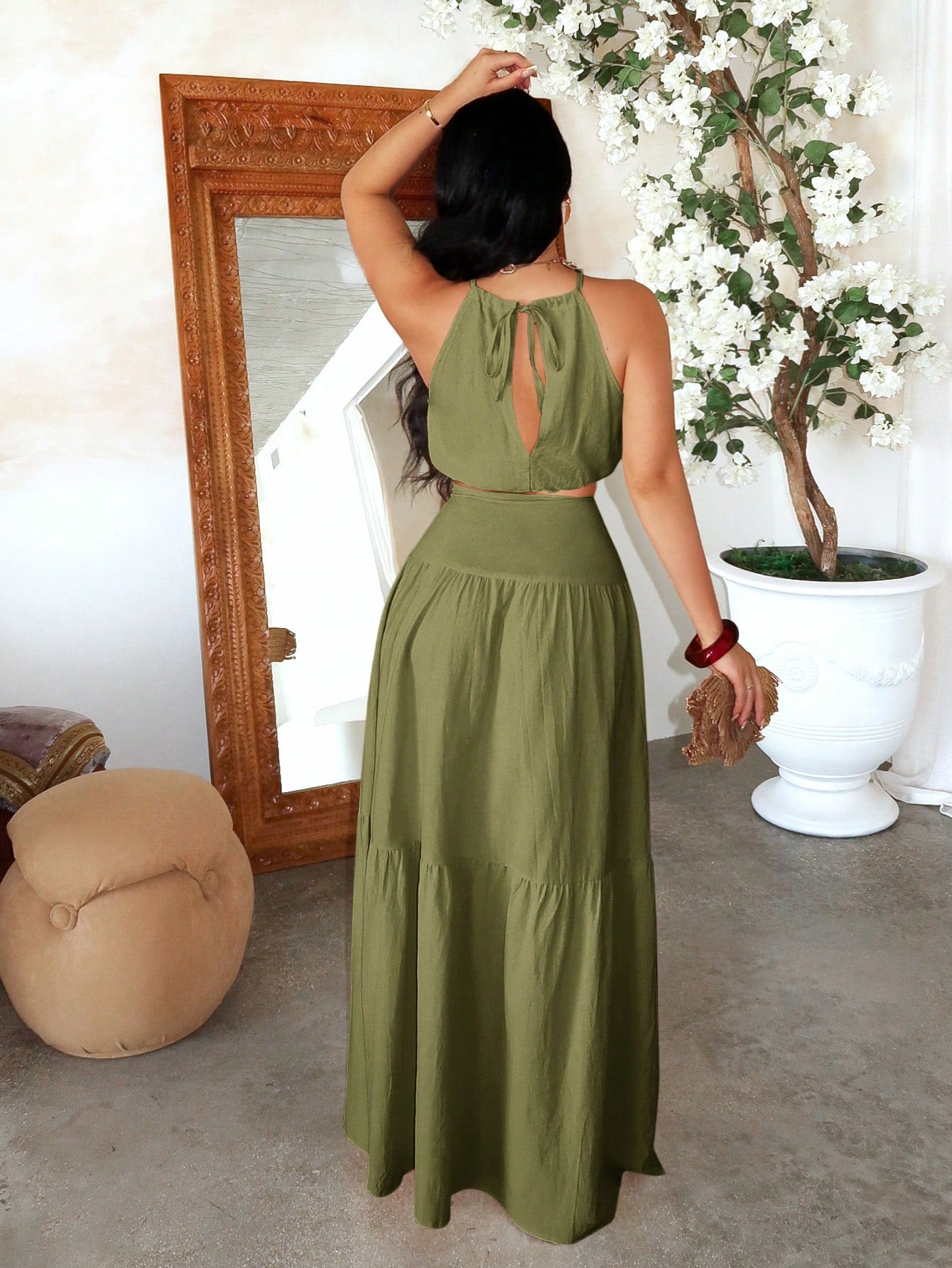 2pcs Set, Tie-Back Vest and Drawstring Split Skirt A-Line Dress for Vacation Festivals