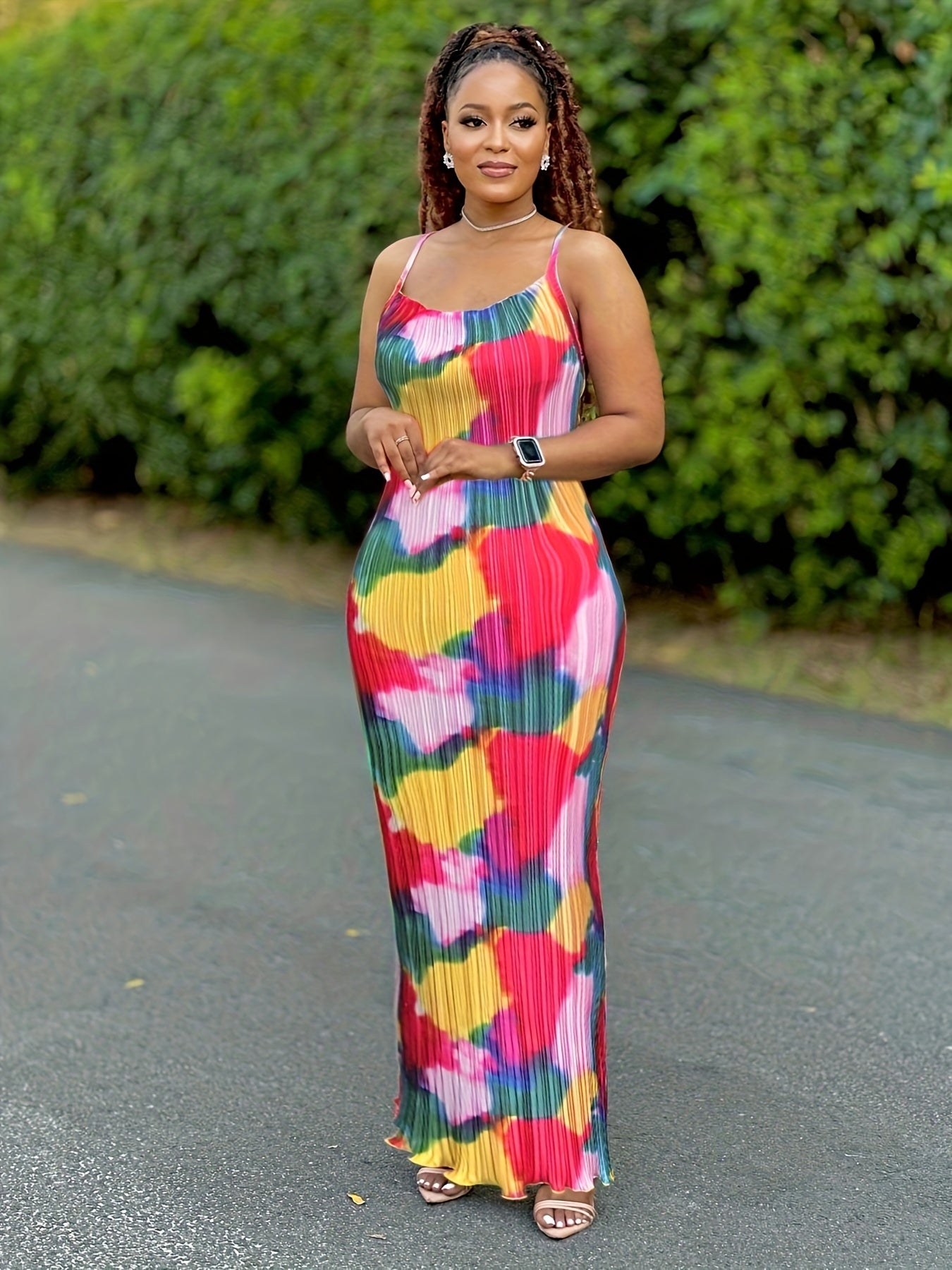 Tie Dye Print Pleated Spaghetti Strap Bodycon Dress