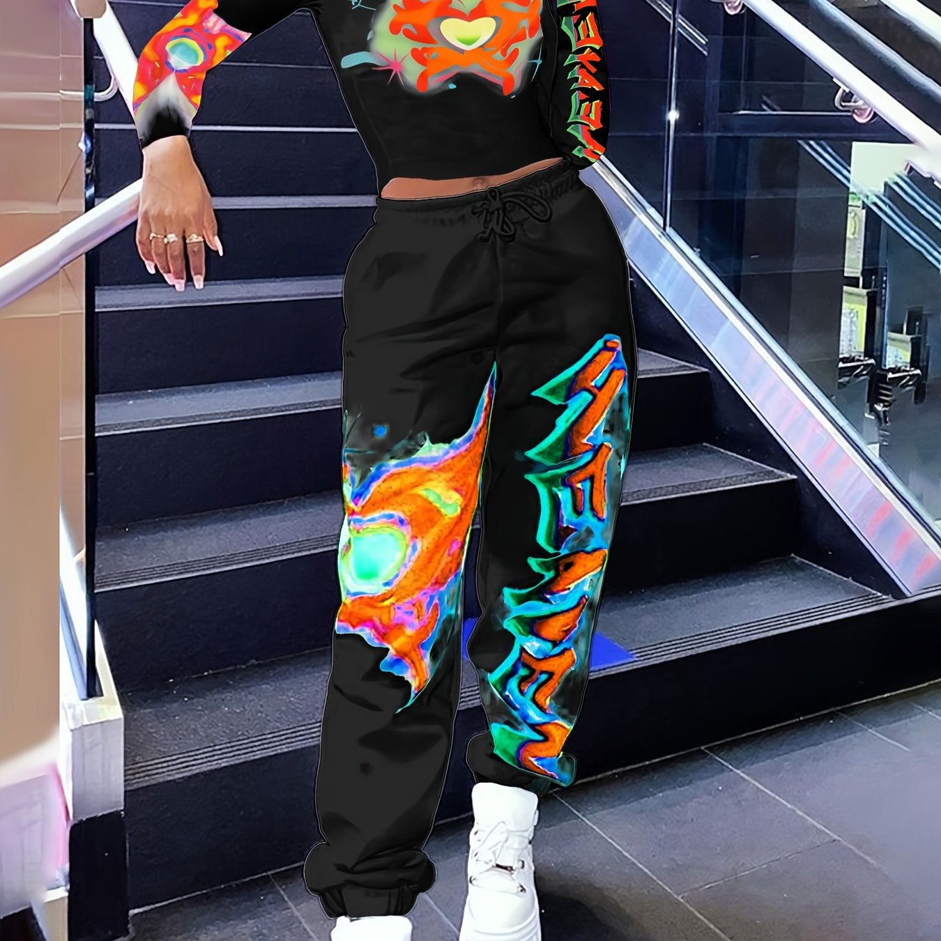 Women's Y2K Heart & Letter Print Long Sleeve Crop Top & Drawstring Joggers Set